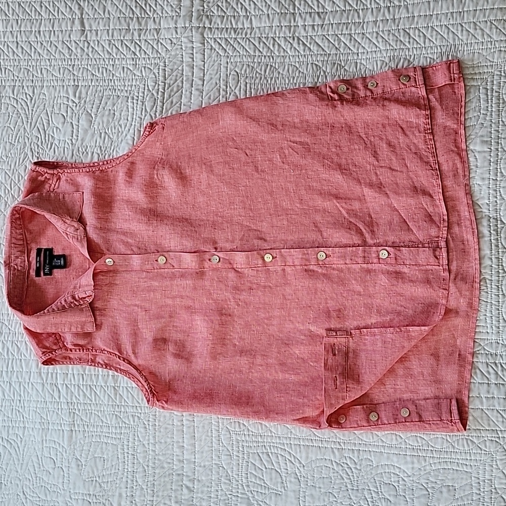 Women's 100% Linen Pink Sleeveless High Low Button-up Top Size M